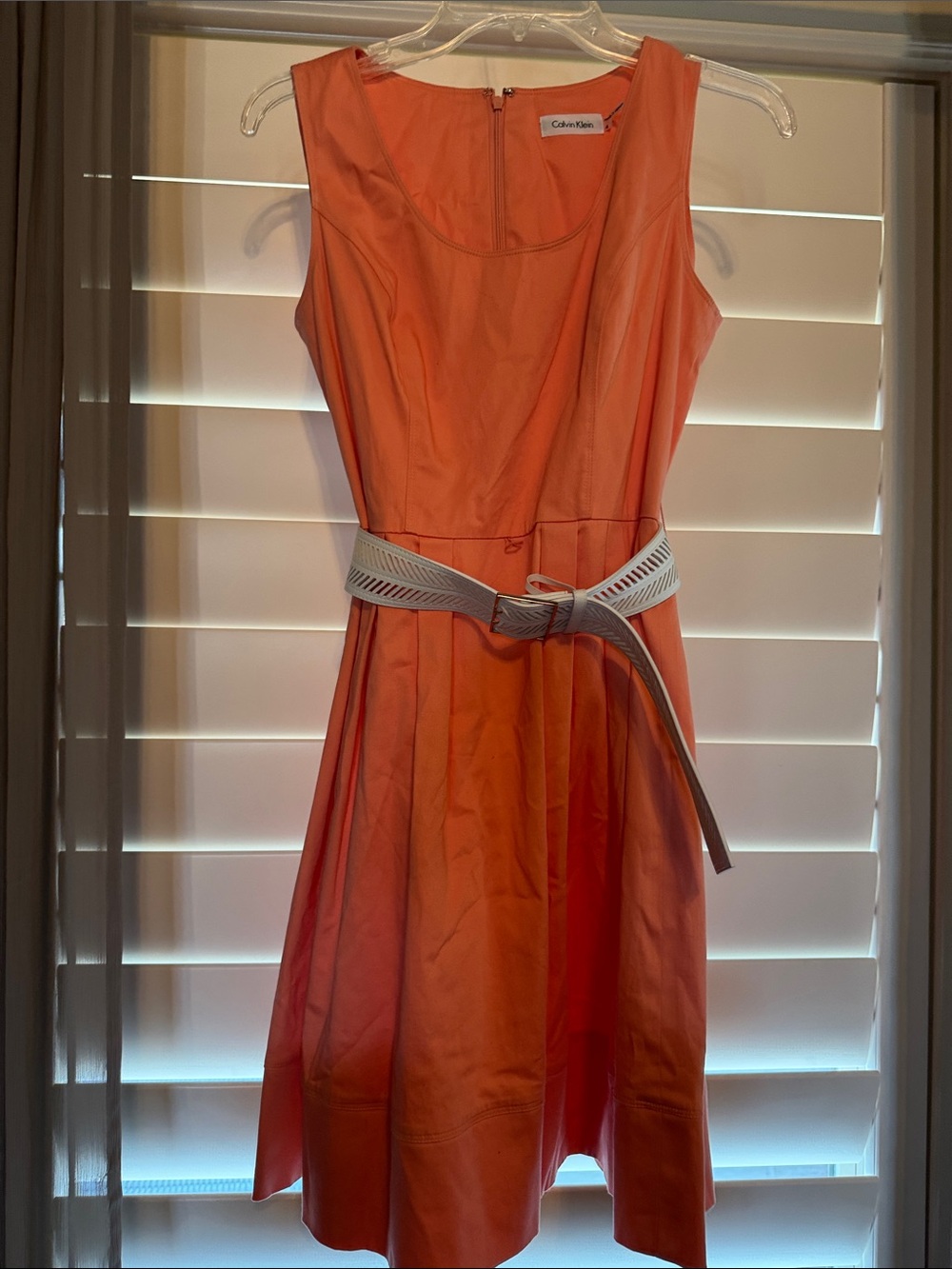Calvin Klein Coral Sleeveless A-Line Dress with White Belt